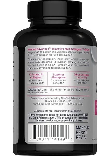 Advanced Multi Collagen Peptides | 120 Tablets | 10 Types Of Collagen | Skin, Hair And Nails | Beauty Supplement | For Men And Women fiyatları