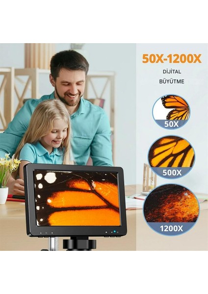 Dm9 7" LCD Dijital Mikroskop 1200X, 1080P Kumanda+Ledli Stand Set