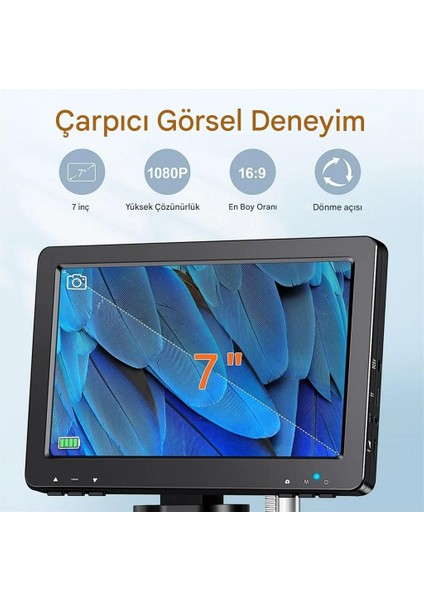 Dm9 7" LCD Dijital Mikroskop 1200X, 1080P Kumanda+Ledli Stand Set