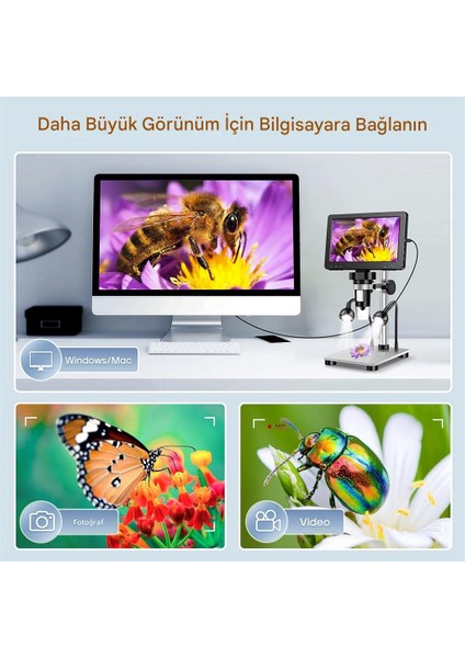 Dm9 7" LCD Dijital Mikroskop 1200X, 1080P Kumanda+Ledli Stand Set