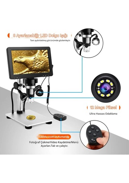 Dm9 7" LCD Dijital Mikroskop 1200X, 1080P Kumanda+Ledli Stand Set