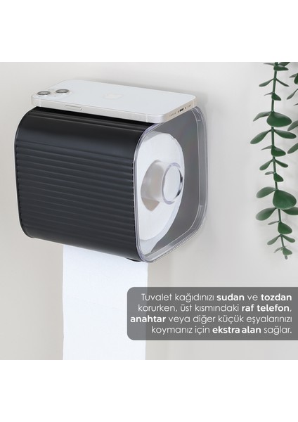 Yapışkanlı Kapalı Tuvalet Kağıtlığı - Plastik Banyo Wc Tuvalet Kağıtlık Raflı Peçetelik Siyah