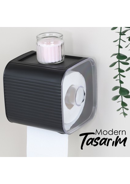 Yapışkanlı Kapalı Tuvalet Kağıtlığı - Plastik Banyo Wc Tuvalet Kağıtlık Raflı Peçetelik Siyah