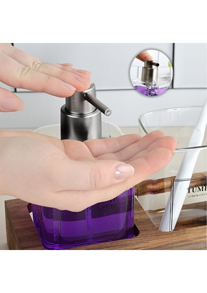 Ahşap Standlı Cam Sıvı Sabunluk Seti - Sıvı Sabun Şişesi Diş Fırçalığı Banyo Seti Şeffaf 550 ml
