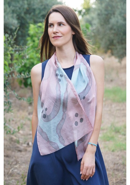 %100 Saf Ipek El Boyaması Fular- Özel Tasarım 35X140CM - Pembe-Mavi Pati