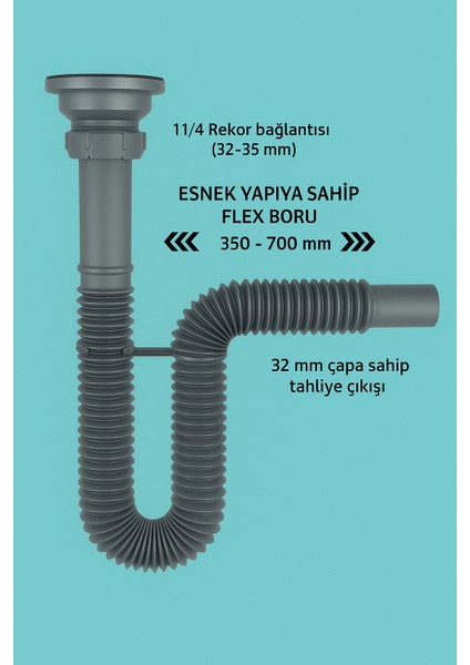 Gri Körüklü Lavabo Sifon Seti | Adaptör Conta + Sifon Kelepçesi Dahil 3’lü Takım