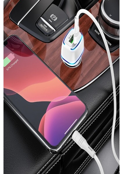 40W Araba Çakmaklık Hızlı Şarj Type-C ve USB Çıkışlı Pd Şarj Aleti Işıklı Apple Android Tam Uyumlu
