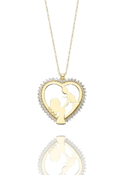 Yenidoğan Anne Bebek Kalp Içinde Çok Şık 14 Ayar Altın Kolye