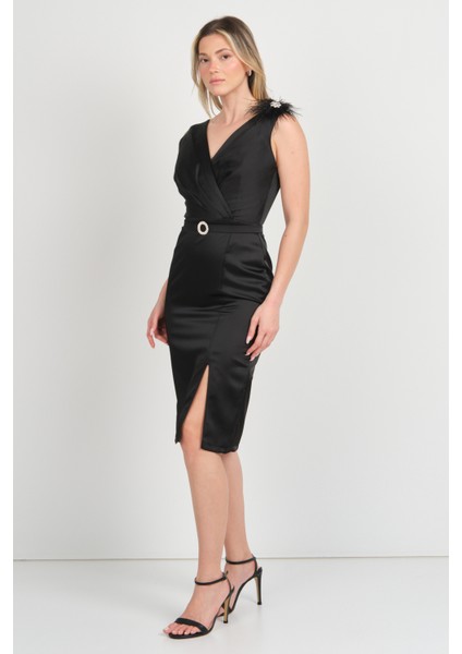 Kadın Kruvaze Yaka Kemerli Kısa Saten Abiye Elbise 1413 Siyah fiyatları