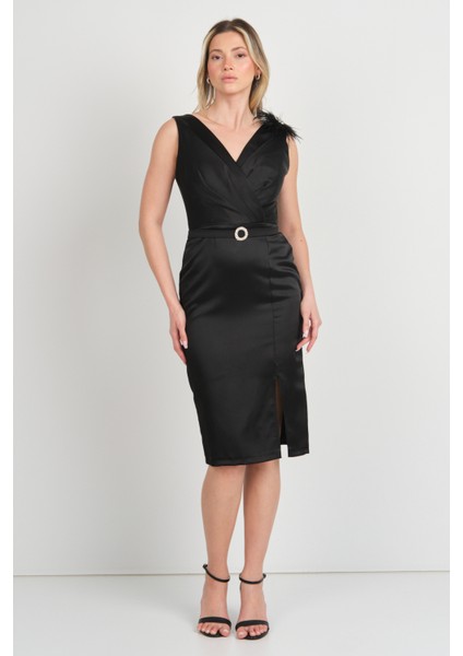 Kadın Kruvaze Yaka Kemerli Kısa Saten Abiye Elbise 1413 Siyah modelleri