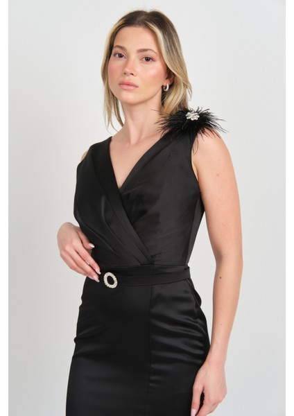 Kadın Kruvaze Yaka Kemerli Kısa Saten Abiye Elbise 1413 Siyah fırsatları