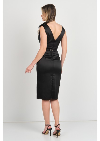 Kadın Kruvaze Yaka Kemerli Kısa Saten Abiye Elbise 1413 Siyah indirimleri