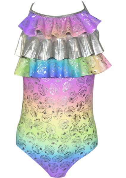 Askılı Parlak Dokulu Deniz Kabuğu Desenli Multi-Fırfırlı 50UV Kız Çocuk Mayo By Nessi Byrd