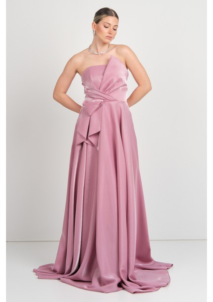 Kadın Straplez Parlak Saten Kumaş Maxi Abiye Elbise 5785 Pudra