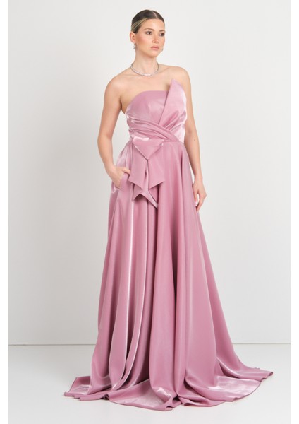 Kadın Straplez Parlak Saten Kumaş Maxi Abiye Elbise 5785 Pudra fiyatları