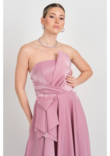 Kadın Straplez Parlak Saten Kumaş Maxi Abiye Elbise 5785 Pudra modelleri