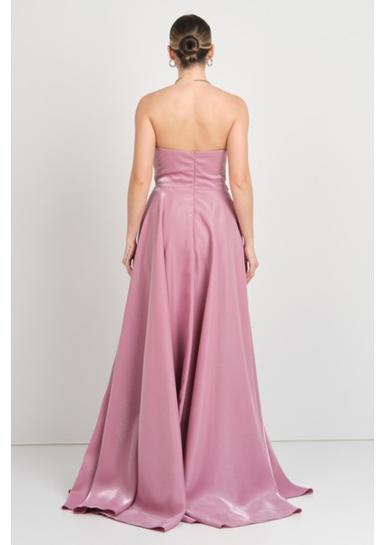 Kadın Straplez Parlak Saten Kumaş Maxi Abiye Elbise 5785 Pudra fırsatları