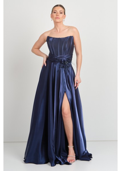 Kadın Straplez Korsajlı Derin Yırtmaçlı Abiye Elbise 7688 Lacivert