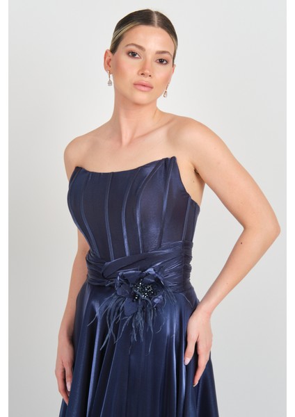 Kadın Straplez Korsajlı Derin Yırtmaçlı Abiye Elbise 7688 Lacivert fiyatları
