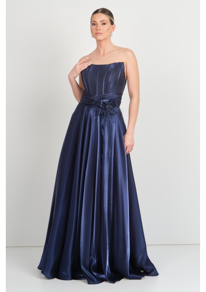 Kadın Straplez Korsajlı Derin Yırtmaçlı Abiye Elbise 7688 Lacivert modelleri