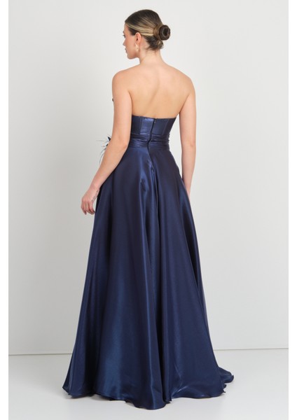 Kadın Straplez Korsajlı Derin Yırtmaçlı Abiye Elbise 7688 Lacivert fırsatları