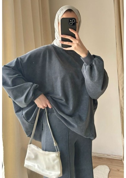 9033 - 2 Iplik Soft Yıkamalı Salaş Basic Kadın Sweatshirt