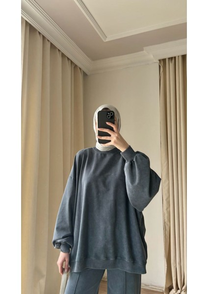 9033 - 2 Iplik Soft Yıkamalı Salaş Basic Kadın Sweatshirt