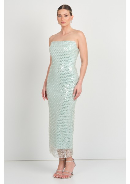 Kadın File Desenli Full Taş Işlemeli Bilek Boy Abiye Elbise 5275 Mint