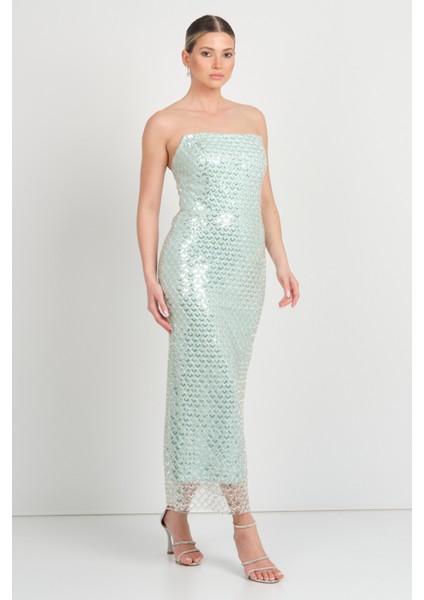 Kadın File Desenli Full Taş Işlemeli Bilek Boy Abiye Elbise 5275 Mint fiyatları