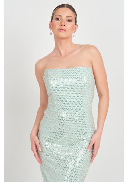 Kadın File Desenli Full Taş Işlemeli Bilek Boy Abiye Elbise 5275 Mint modelleri