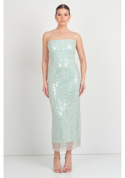 Kadın File Desenli Full Taş Işlemeli Bilek Boy Abiye Elbise 5275 Mint fırsatları