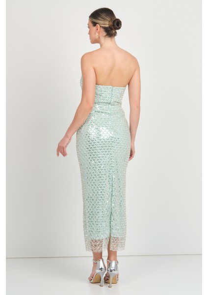 Kadın File Desenli Full Taş Işlemeli Bilek Boy Abiye Elbise 5275 Mint indirimleri