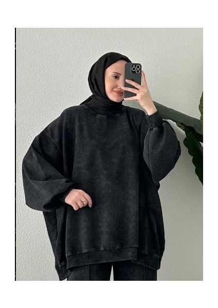 9033 - 2 Iplik Soft Yıkamalı Salaş Basic Kadın Sweatshirt