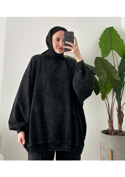 9033 - 2 Iplik Soft Yıkamalı Salaş Basic Kadın Sweatshirt