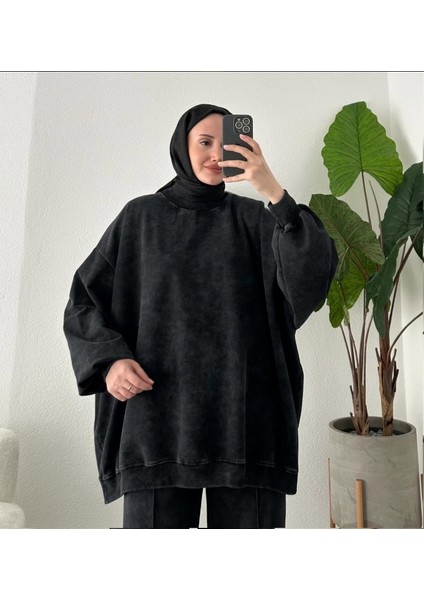 9033 - 2 Iplik Soft Yıkamalı Salaş Basic Kadın Sweatshirt