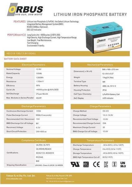 Orbus 12.8 Volt 100 Amper Lityum Lifepo4 Akü