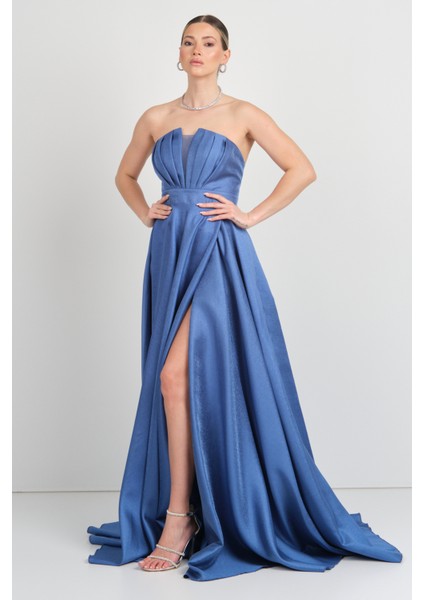 Kadın Straplez Sırttan Çapraz Bağlamalı Maxi Boy Abiye Elbise 5703 Indigo