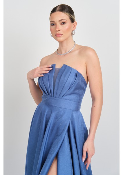 Kadın Straplez Sırttan Çapraz Bağlamalı Maxi Boy Abiye Elbise 5703 Indigo fiyatları