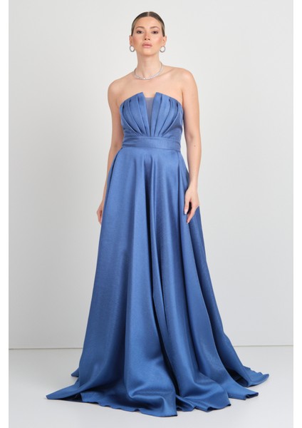 Kadın Straplez Sırttan Çapraz Bağlamalı Maxi Boy Abiye Elbise 5703 Indigo modelleri