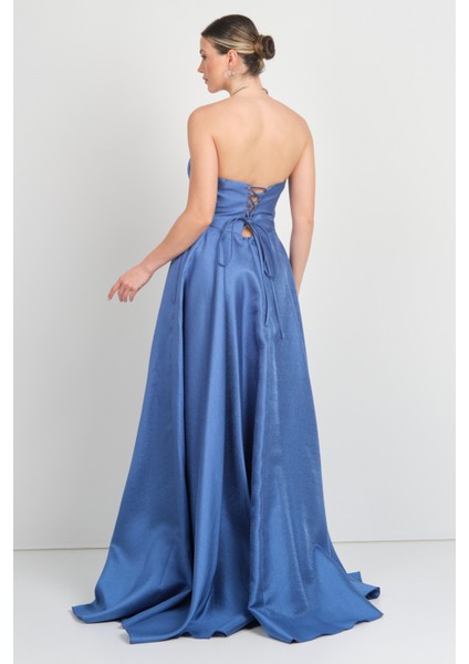 Kadın Straplez Sırttan Çapraz Bağlamalı Maxi Boy Abiye Elbise 5703 Indigo fırsatları