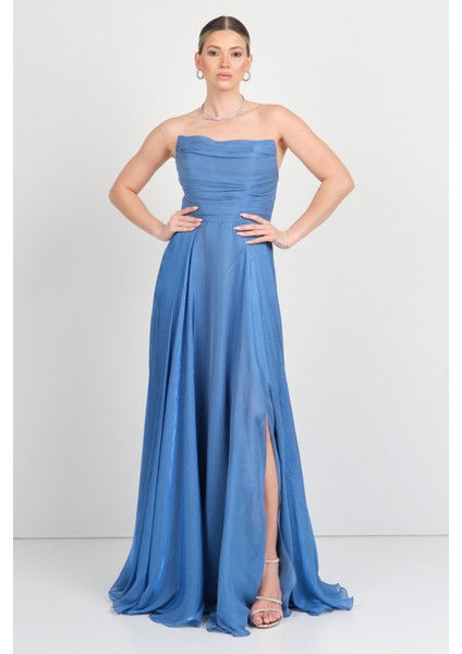 Kadın Straplez Şifon Maxi Boy Abiye Elbise 7066 Indigo