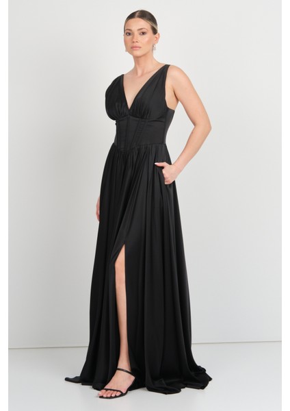 Kadın Derin V Yaka Sırttan Bağlamalı Maxi Abiye Elbise 7091 Siyah