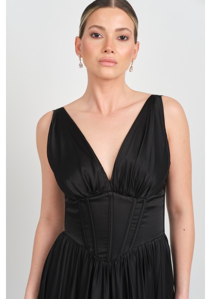 Kadın Derin V Yaka Sırttan Bağlamalı Maxi Abiye Elbise 7091 Siyah modelleri