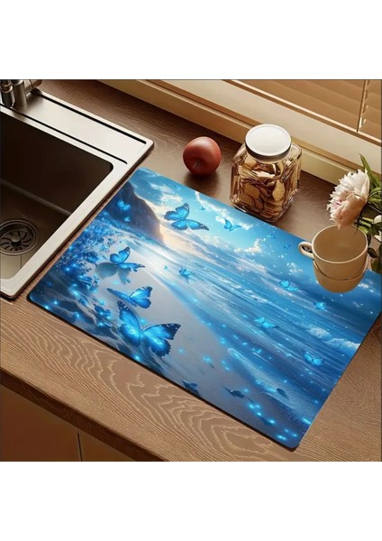 55 cm x 45 cm Mavi Kelebek Tasarımı Tezgah Üstü Bulaşık Kurutma Matı Bulaşıklık Kurutma Örtüsü