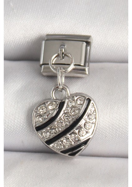 316L Çelik Gümüş Renk Zirkon Taşlı Kalp Model Nomination Charm