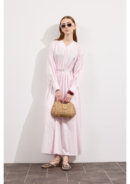 Pileli Kaplama Kemerli Elbise Soft Pembe