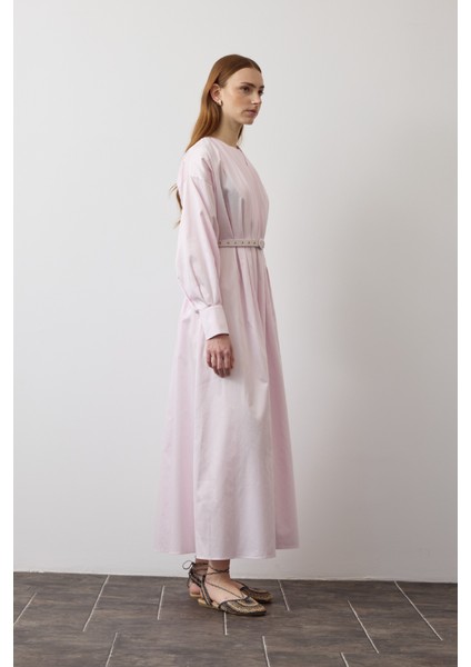 Pileli Kaplama Kemerli Elbise Soft Pembe