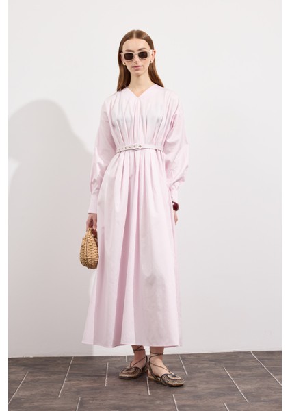 Pileli Kaplama Kemerli Elbise Soft Pembe