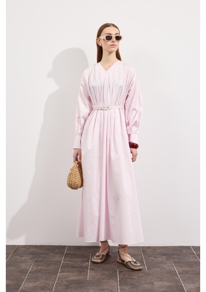 Pileli Kaplama Kemerli Elbise Soft Pembe