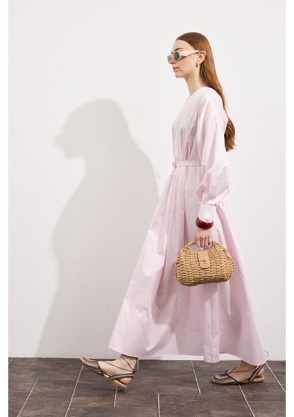 Pileli Kaplama Kemerli Elbise Soft Pembe